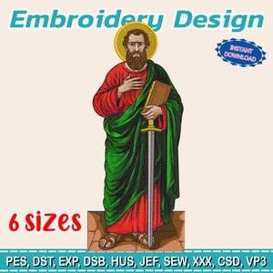 Saint Paul Apostle Embroidery Design Catholic Religious Art Sword Bible Halo Christian Machine Pattern Detailed Stitch Icon