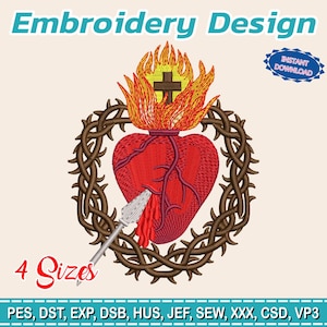 May include: An embroidery design featuring a red heart pierced by a silver arrow, surrounded by a brown thorny wreath. Above the heart is a flame with a cross. The words "Embroidery Design" and "Instant Download" are also visible.