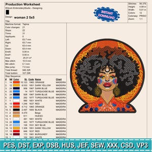 May include: An embroidered design featuring a woman with a large afro, adorned with gold earrings and facial details. The design is set within a circular frame with an orange background. The image includes production details and the text "INSTANT DOWNLOAD". The design is 5.01 inches wide and 4.99 inches high.