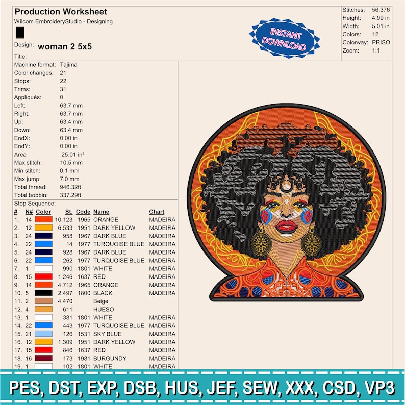 May include: An embroidered design featuring a woman with a large afro, adorned with gold earrings and facial details. The design is set within a circular frame with an orange background. The image includes production details and the text "INSTANT DOWNLOAD". The design is 5.01 inches wide and 4.99 inches high.