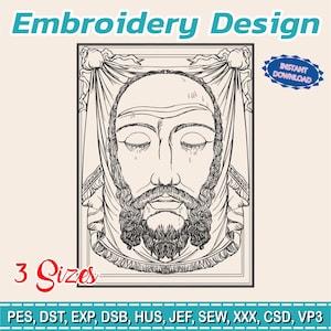 May include: An embroidery design featuring a detailed black and white illustration of a bearded face with closed eyes, framed by ornate drapery. The design includes the text "Embroidery Design", "3 Sizes", and "Instant Download".