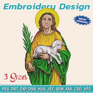 Puede incluir: Un diseño de bordado que presenta una figura con un halo, sosteniendo un cordero y una rama de palma. La figura lleva una túnica amarilla y verde. Se incluye el texto "Embroidery Design", "Instant Download" y "3 Sizes".