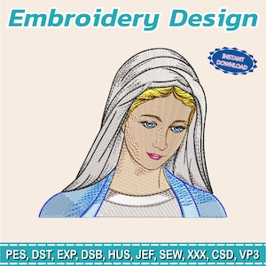 Puede incluir: Un diseño de bordado que presenta un retrato de una mujer con un velo blanco y detalles azules. El texto "Embroidery Design" está en la parte superior, con "Instant Download" en una insignia azul. A continuación, abreviaturas de formatos de archivo.