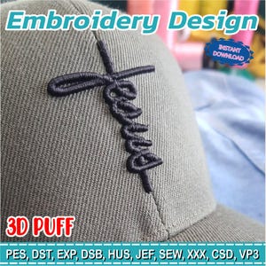 Puede incluir: Primer plano de una gorra de béisbol gris con una cruz bordada negra y la palabra "Jesus". También se ve el texto "Embroidery Design", "3D PUFF" y "INSTANT DOWNLOAD".