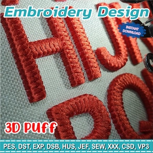 Può includere: Primo piano di ricamo rosso a rilievo 3D su tessuto grigio chiaro. La parola "HIJ" è visibile, insieme ai testi "Embroidery Design" e "3D Puff". L'immagine include anche il testo "INSTANT DOWNLOAD".