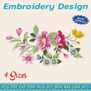 Puede incluir: Un diseño de bordado con un arreglo floral de flores rosas, rojas, amarillas y azules, y hojas verdes. El texto "Embroidery Design" está en la parte superior y "4 Sizes" en la parte inferior. La imagen también incluye el texto "INSTANT DOWNLOAD".