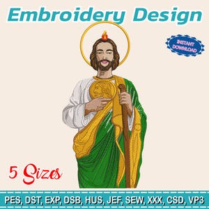 May include: Embroidery design featuring a religious figure in green and gold robes, holding a staff and a medallion. The design includes the text "Embroidery Design", "5 Sizes", and "Instant Download". The design is available in multiple file formats.