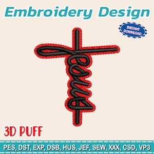 Puede incluir: Un diseño de bordado con la palabra "Jesús" en escritura negra, superpuesta a un contorno de cruz rojo. El diseño incluye el texto "Embroidery Design", "3D PUFF" y "INSTANT DOWNLOAD".
