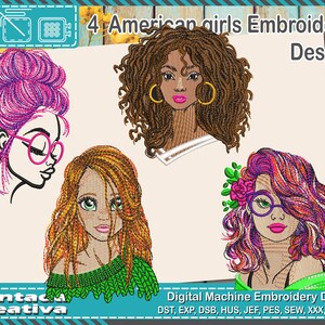 May include: An embroidery design featuring four stylized portraits of women with various hairstyles and accessories. The text reads "4 American girls Embroidery Design" and "Digital Machine Embroidery Design".