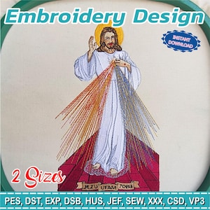 May include: An embroidery design depicting a religious figure with a golden halo, white robe, and rays of light in orange, red, and blue. The text "Embroidery Design" and "Instant Download" are visible. The design includes the text "2 Sizes" and "JEZU UFAM TOBIE".