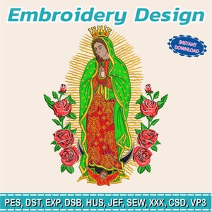 Peut inclure: Motif de broderie représentant une figure religieuse en robe verte et rouge, ornée d'une couronne dorée et entourée de roses rouges. Les mots "Embroidery Design" et "Instant Download" sont affichés.