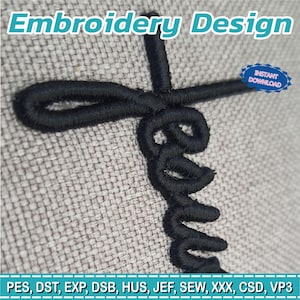 May include: Close-up of a black embroidery design on a gray textured fabric. The design features a stylized word or shape. Text at the top reads "Embroidery Design" and a blue badge says "Instant Download".
