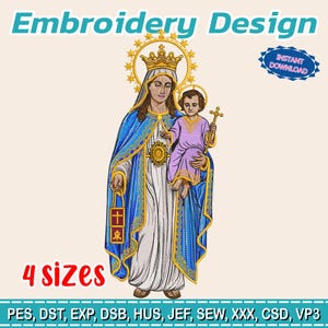 Puede incluir: Un diseño de bordado que presenta una figura religiosa con túnicas azules y blancas, sosteniendo a un niño. El diseño incluye el texto "Embroidery Design", "INSTANT DOWNLOAD" y "4 sizes". Disponible en varios formatos de archivo.