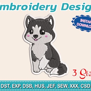 Puede incluir: Un diseño de bordado con un perro husky de dibujos animados en negro, blanco y gris, con mejillas rosas y una expresión sonriente. El diseño está etiquetado como "Embroidery Design" y "Instant Download". Disponible en 3 tamaños.