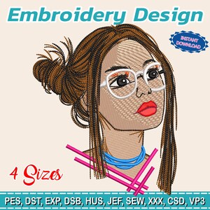 Puede incluir: Un diseño de bordado que presenta a una mujer estilizada con gafas, labios rojos y cabello castaño. El diseño incluye el texto "Embroidery Design", "4 Sizes" y "Instant Download". La imagen también enumera formatos de archivo.