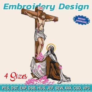 Puede incluir: Un diseño de bordado que representa a Jesús en la cruz y una mujer arrodillada. El diseño incluye el texto "Embroidery Design", "Instant Download" y "4 Sizes". La imagen es en tonos marrones, blancos y rosas.