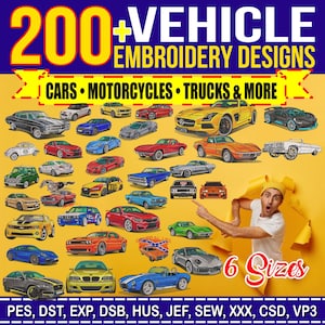 200 Vehicle Embroidery Designs Bundle | Classic Performance Car Collection | Artistic Transport Illustrations | Digital Download Pack