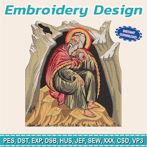 May include: An embroidery design featuring a seated figure with a halo, wearing a red and gold robe, set against a rocky backdrop. The text "Embroidery Design" is at the top, with "Instant Download" in a blue badge. The bottom text lists embroidery file formats.