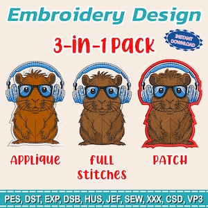 Puede incluir: Un paquete de diseño de bordado con tres diseños de hámster marrón que usan auriculares y gafas. Los diseños incluyen opciones de aplique, puntadas completas y parche. El texto "Embroidery Design" y "3-en-1 Pack" se muestra en la parte superior.