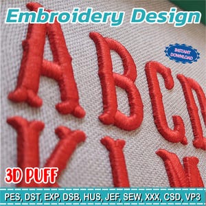 May include: Close-up of red embroidered letters spelling "ABC" with a 3D puff effect. The words "Embroidery Design" and "Instant Download" are visible. The image also displays various file formats.