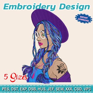 Puede incluir: Un diseño de bordado con una ilustración estilizada de una mujer con cabello azul, que lleva un sombrero morado y gafas. El diseño incluye el texto "Embroidery Design", "5 Sizes" y "Instant Download".