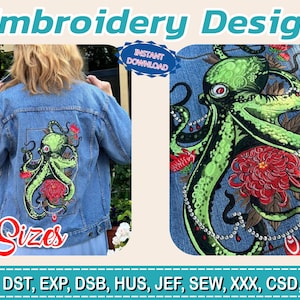 Puede incluir: Chaqueta vaquera azul con un diseño bordado de un pulpo verde y flores rojas. El texto "Embroidery Design" e "Instant Download" son visibles. El texto "4 Sizes" también está presente.