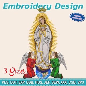 Puede incluir: Un diseño de bordado que presenta una figura religiosa coronada, rodeada por un halo dorado. Dos figuras arrodilladas flanquean la figura central. El diseño incluye el texto "Embroidery Design", "3 Sizes" y "Instant Download".