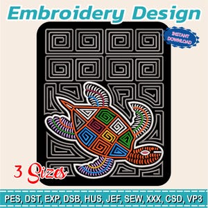 Puede incluir: Un diseño de bordado con una tortuga colorida con patrones geométricos. La tortuga está sobre un fondo negro con una cuadrícula de cuadrados blancos. El diseño incluye el texto "Embroidery Design", "3 Sizes" y "Instant Download".