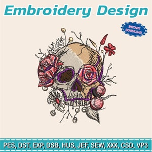 Puede incluir: Un diseño de bordado con una calavera adornada con elementos florales. La calavera es de color beige y blanco, con detalles morados. Se incorporan rosas rojas y rosas y otras flores. El texto "Embroidery Design" está en la parte superior, y "INSTANT DOWNLOAD" está en una insignia azul.