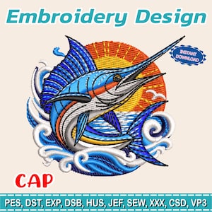 marlin fish cap embroidery design | ocean sport fishing stitch file | nautical sunset waves pattern digital download hat logo gift idea