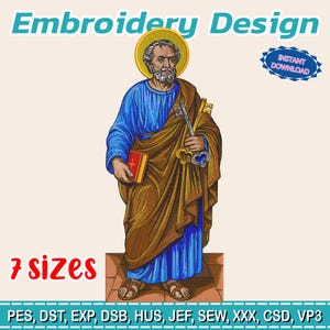 Saint Peter Apostle Embroidery Design Catholic Religious Art Keys Bible Halo Christian Machine Pattern Detailed Stitch Portrait