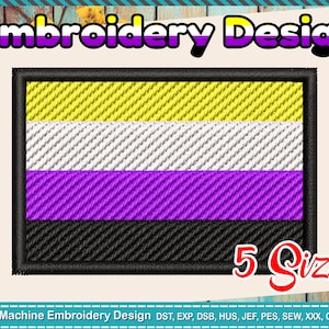 May include: An embroidered patch featuring the non-binary pride flag. The design includes horizontal stripes in yellow, white, purple, and black, framed by a black border. Text at the top reads "Embroidery Design" and "5 Sizes" at the bottom.