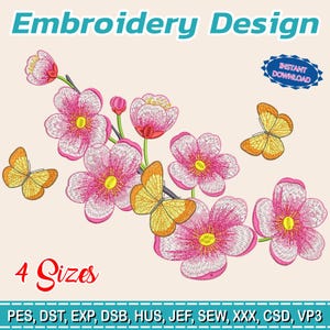 Puede incluir: Un diseño de bordado con flores rosas con centros amarillos y mariposas naranjas. El texto "Embroidery Design" está en la parte superior, con "4 Sizes" debajo. Una insignia azul dice "Instant Download".