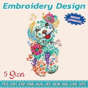 Puede incluir: Un diseño de bordado que presenta un perro sonriente con detalles florales. El diseño incluye el texto "Embroidery Design", "Instant Download" y "5 Sizes". Disponible en formatos PES, DST, EXP, DSB, HUS, JEF, SEW, XXX, CSD y VP3.