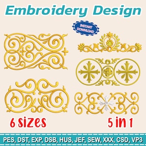 Puede incluir: Imagen de un diseño de bordado con patrones dorados. El texto incluye "Embroidery Design", "Instant Download", "6 sizes" y "5 in 1". Los formatos de archivo se enumeran en la parte inferior.