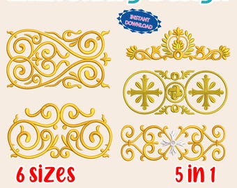 May include: An embroidery design graphic with gold filigree patterns. The image includes the text "Embroidery Design", "Instant Download", "6 sizes", and "5 in 1". The bottom of the image lists file formats.