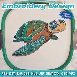 May include: An embroidery design featuring a sea turtle with a green shell, brown body, and blue eyes. The design is set within a green embroidery hoop. Text at the top reads "Embroidery Design" and a blue badge says "Instant Download".