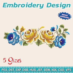 Puede incluir: Un diseño de bordado con un patrón floral. Presenta flores amarillas y azules, hojas verdes y el texto "Embroidery Design". El diseño incluye el texto "5 Sizes" y "Instant Download".