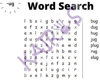 Puede incluir: Un juego de búsqueda de palabras con las palabras bug, dug, hug, jug, plug, rug y slug. Las palabras están ocultas en una cuadrícula de letras. Todas las palabras están relacionadas con el sonido corto "u".