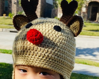 Hand Crocheted Reindeer Hat: Christmas Photo Prop