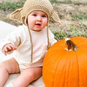 May include: A baby wearing a brown crocheted hat with ears, a white sweater, and socks, sitting next to a large orange pumpkin.