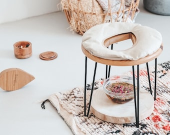 Minimalist Oak Yoni Steam Stool, Linen Cushion, Vaginal Sauna
