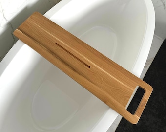 Luxury Oak Bath Caddy Tray with Holder – Handmade Bathtub Organizer