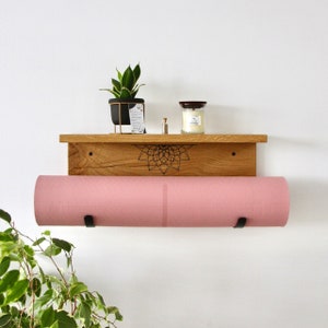 Yoga Mat Holder: Oak Wall Mount with Shelf, Minimalist Design Mat Storage