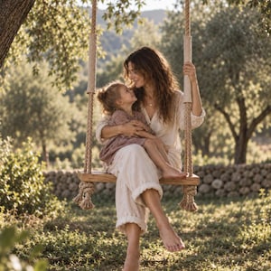 May include: A wooden swing suspended by thick, natural-colored rope with protective fabric sleeves. The swing features a rectangular wooden seat with knotted rope ends, hanging from a tree branch in an outdoor setting with soft, warm lighting.
