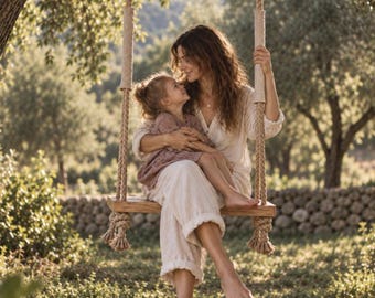 May include: A wooden swing suspended by thick, natural-coloured rope with protective fabric sleeves. The swing features a rectangular wooden seat with knotted rope ends, hanging from a tree branch in an outdoor setting with soft, warm lighting.