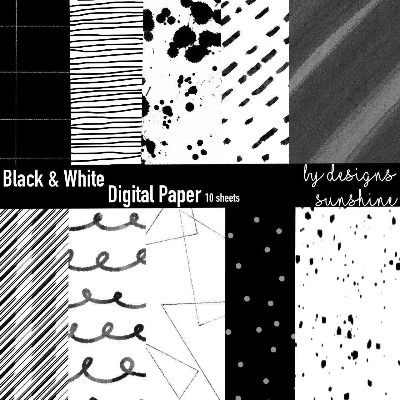Black and White Digital Paper Pack of 10 Instant Download | Etsy