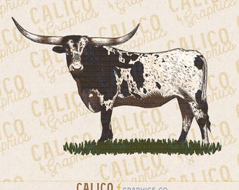 Longhorn Cow Standing In Grass Western Instant Digital Download | Trendy Western Designs, Western PNG, Trendy Shirt PNG, Trendy PNG Download