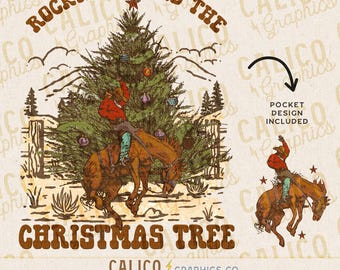 Vaquero rockero con árbol de Navidad PNG / Descarga digital de vacaciones del oeste