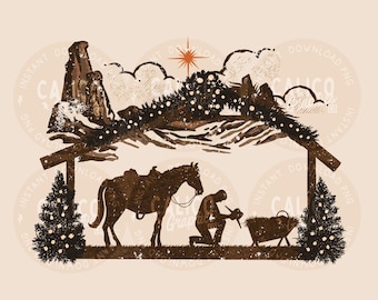 Christmas PNG | Praying Cowboy Manger Jesus Religious | DTF Sublimation Screen Print POD | Digital Download